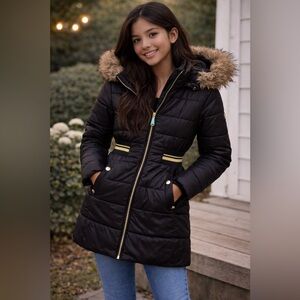 Michael Kors Girls Black Puffer Jacket Removable Hood Fleece Lining Coat SZ 14